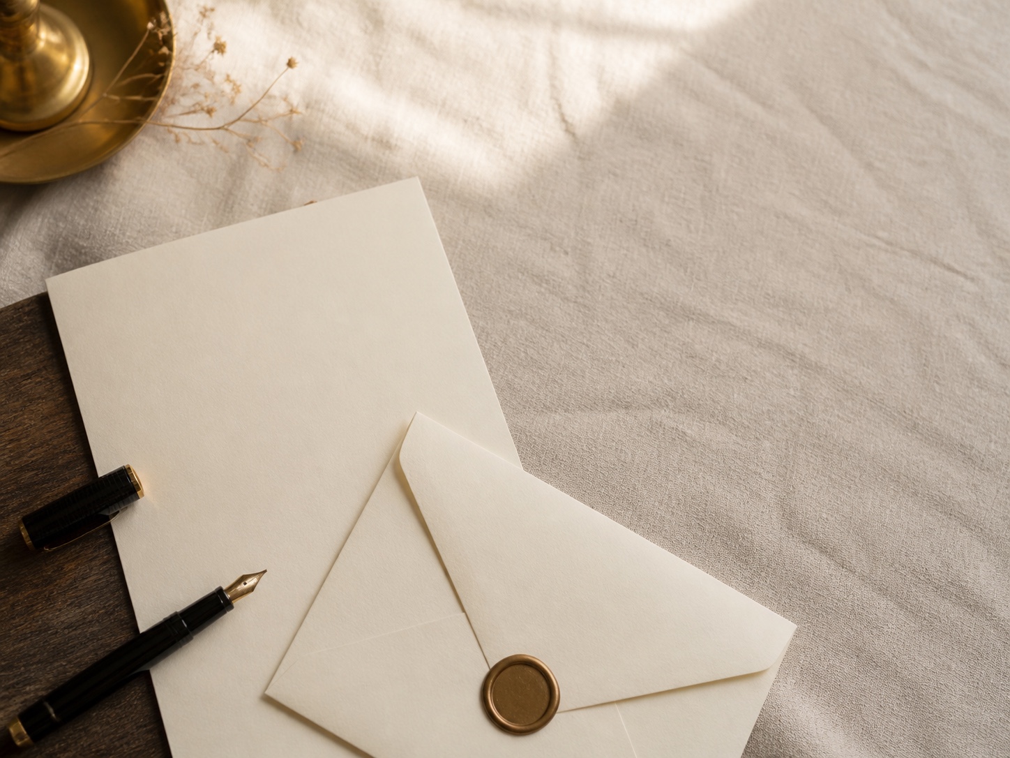 Cream letter paper and an uncapped fountain pen beside a wax-sealed envelope, on linen in morning light.