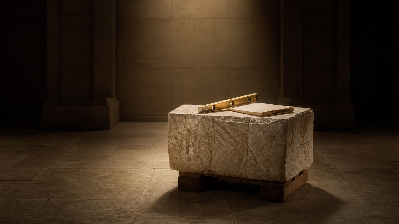 A single dressed limestone block on oak dunnage in a swept stone room, a brass level and an ivory folio resting on top.