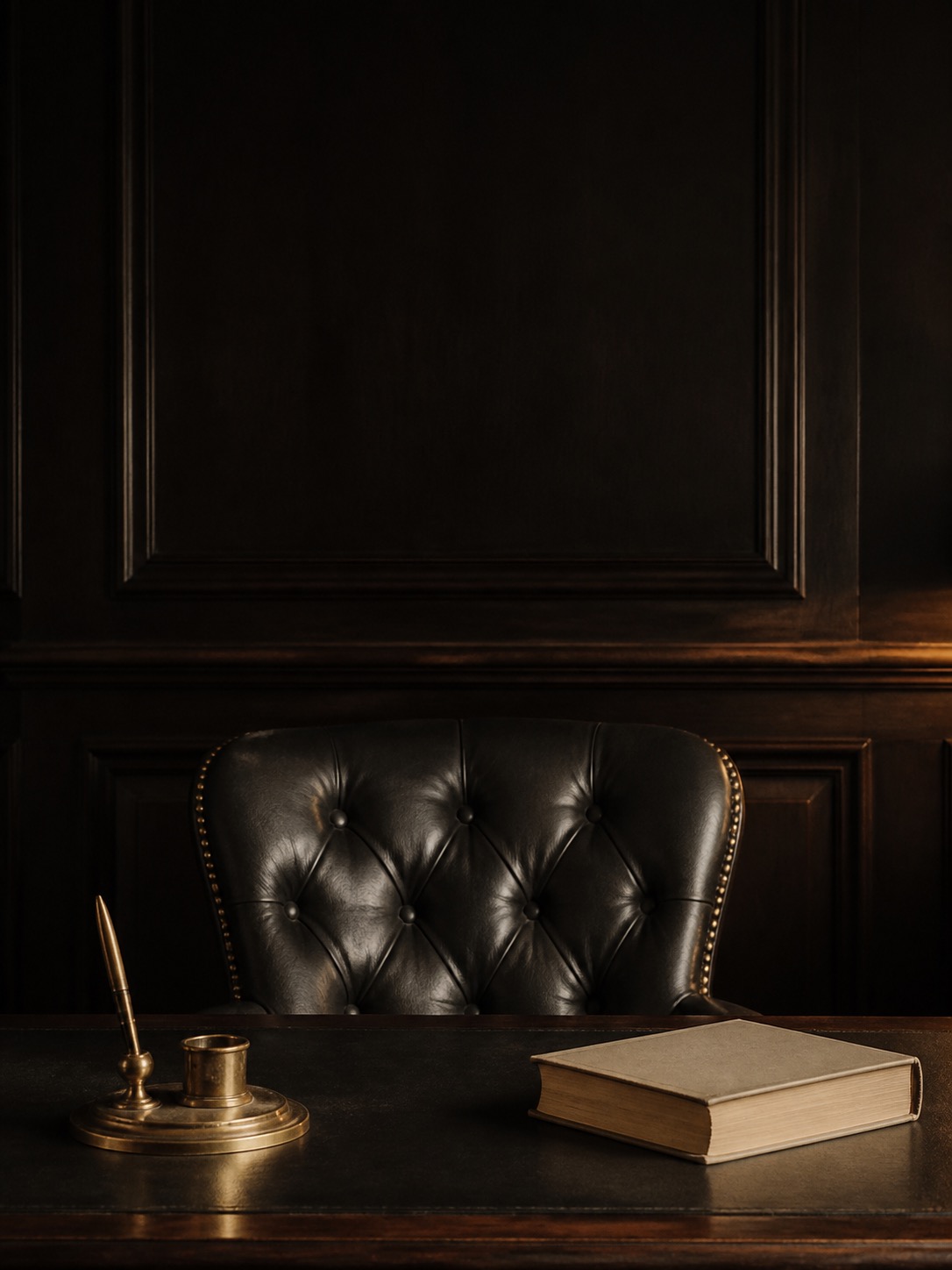 An empty leather desk chair, a brass pen stand and a single closed book on the desk behind it.