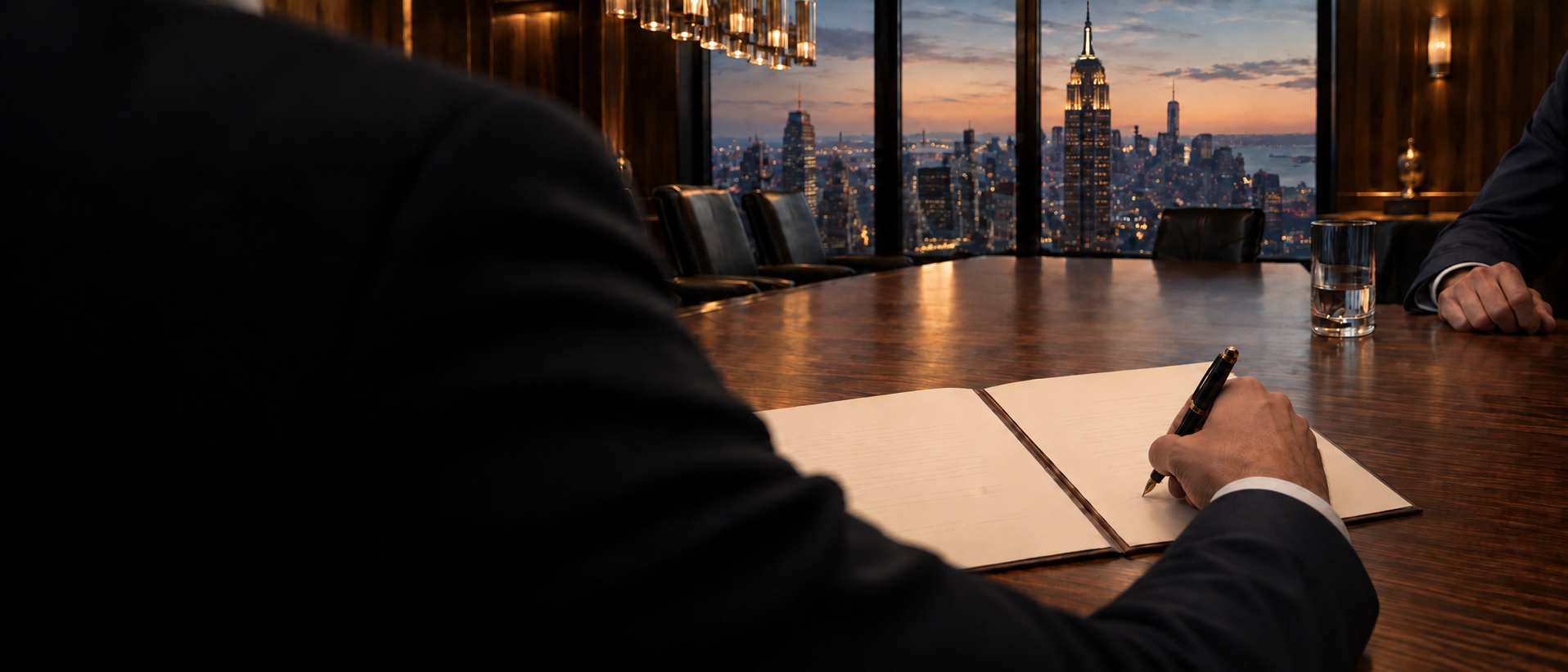 Over a client's shoulder at a boardroom table high above Manhattan at dusk: their hand signing an agreement with a fountain pen, the Empire State Building in the window beyond