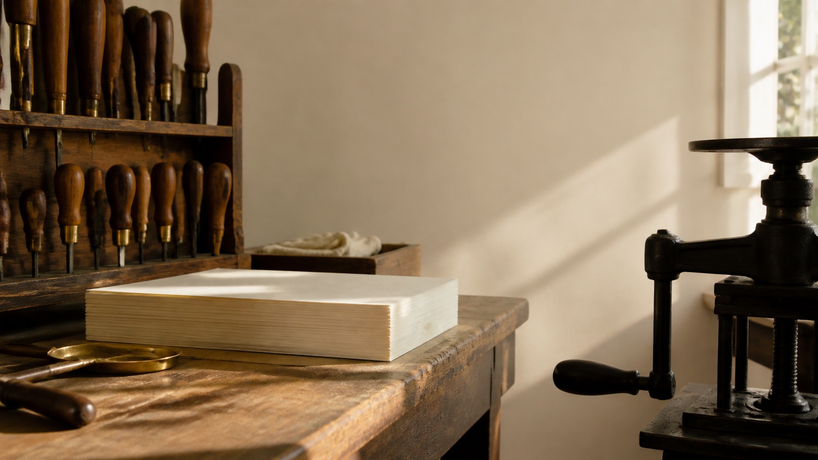 A bench in morning light with hand tools racked above a squared stack of thick cream card stock, the embossing press a dark shape at the edge.